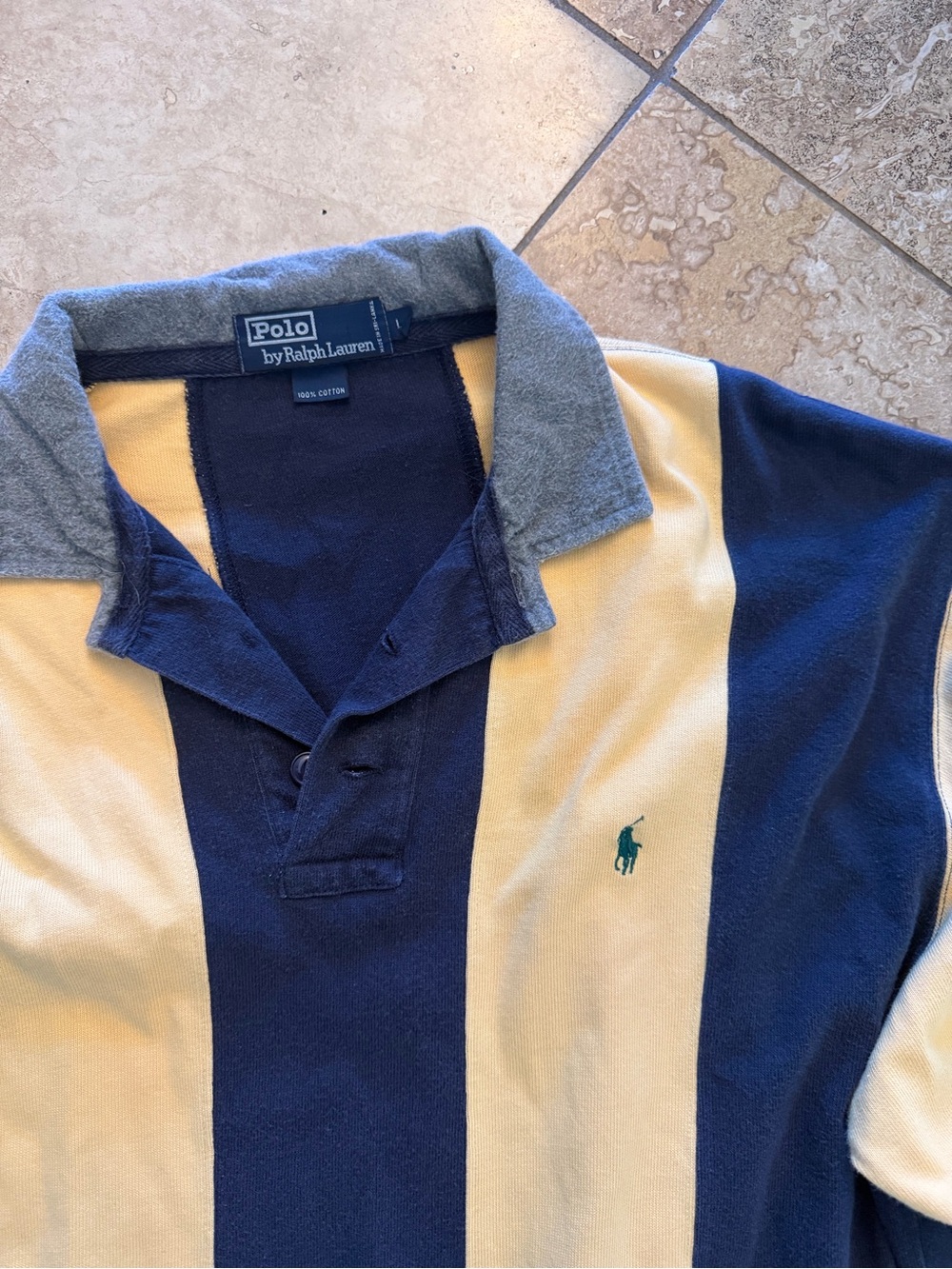 Ralph Lauren Navy, Cream & Gray Striped V-Neck Rugby